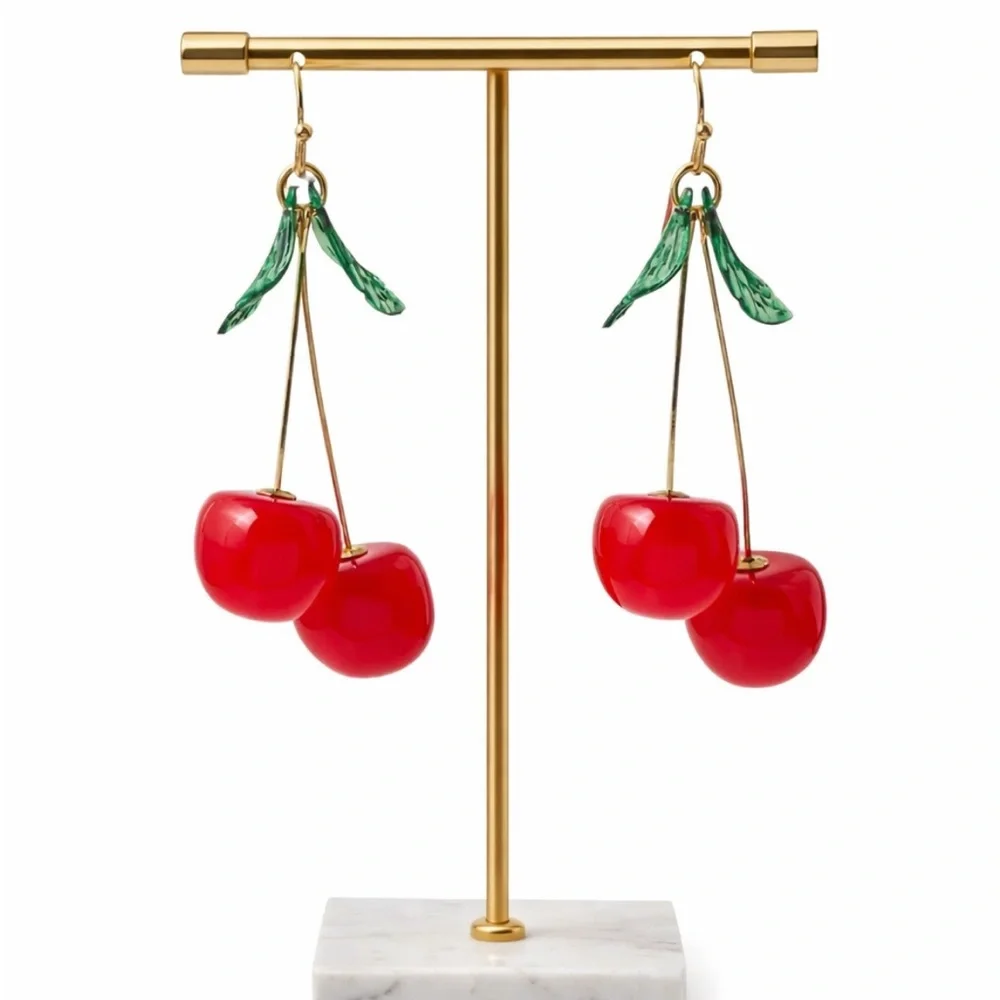 New Cherry Dangle Earrings Red Fruit Statement Jewelry Retro Style - Picture 2 of 6